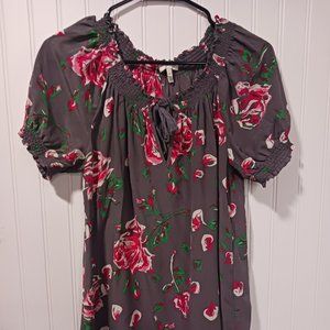 Joie Medium Grey Rose Flower Top Silk Short Sleeve